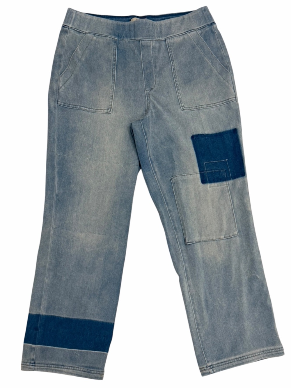LOGO by Lori Goldstein Pull On Knit Denim Shadow Patch Blue Jeans Soft Size 12